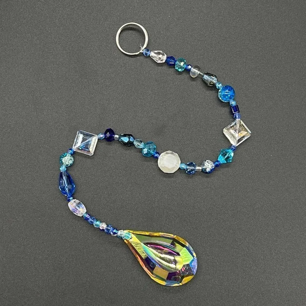 Blue Beaded Suncatcher - Clear Crystal Prism - Indoor Outdoor Hanging Decor